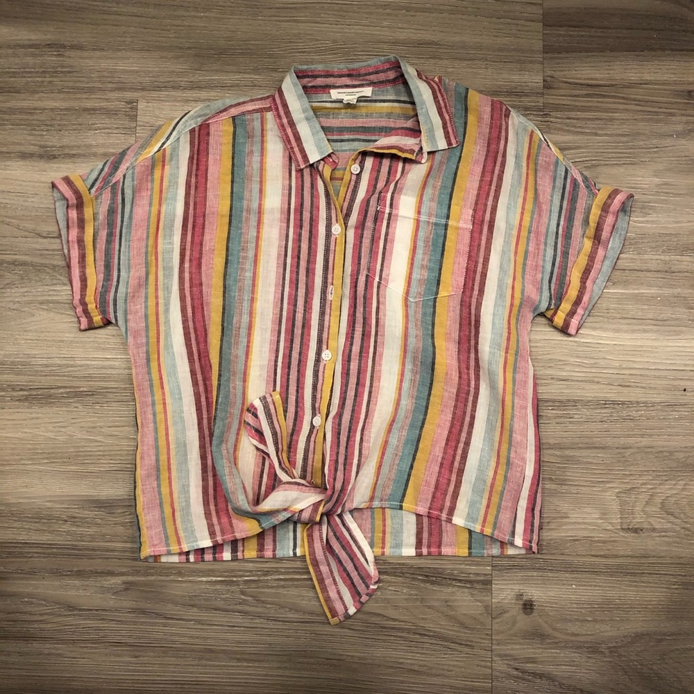 Striped cropped button T-shirt with tie front